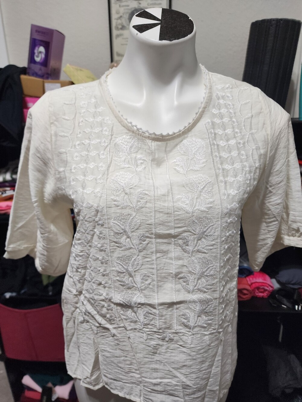 Embroidered Scoop Neck Linen Blouse - Cream